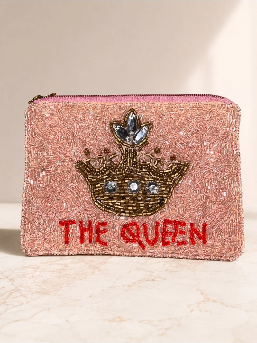 Beaded 'The Queen' Pink Zip Pouch